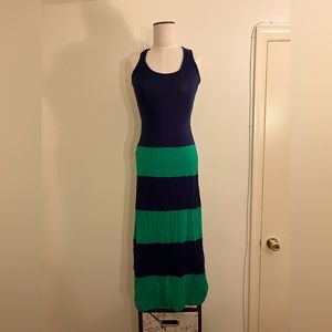Navy & green striped sleeveless maxi dress, Size small